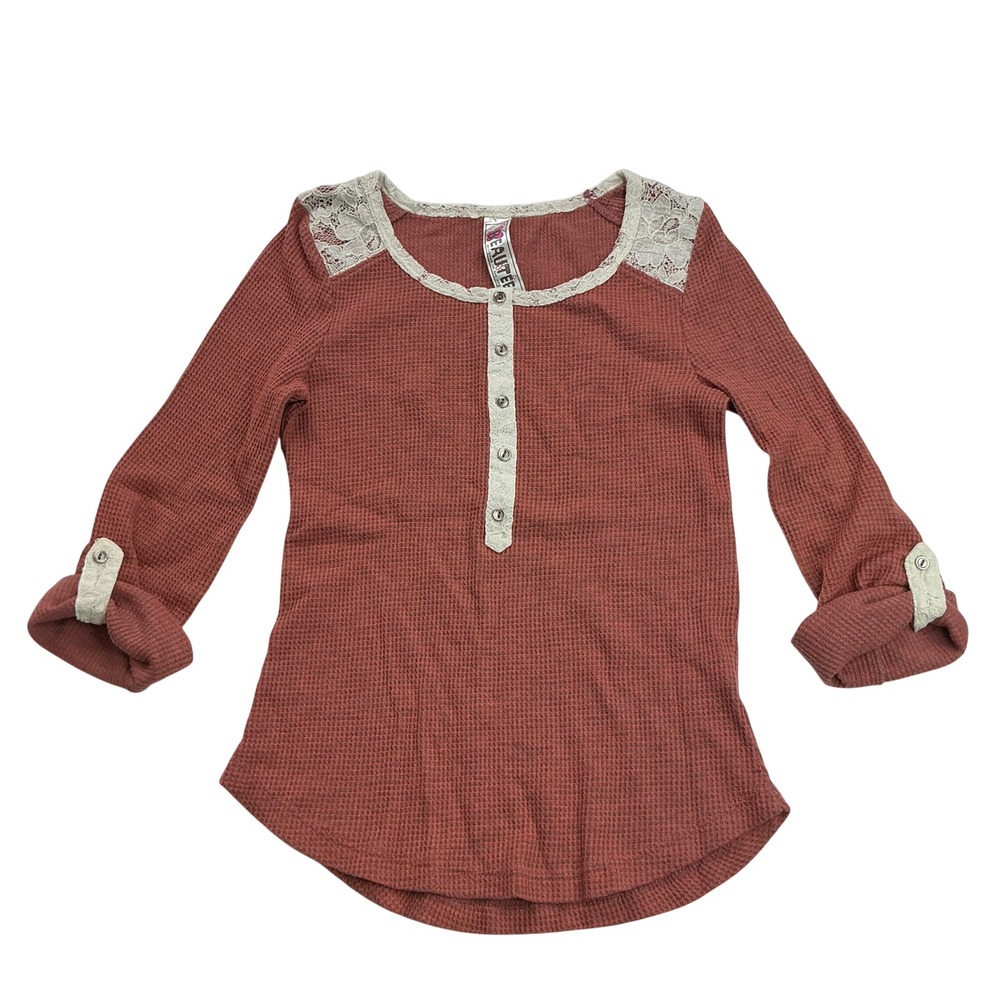 Beautees Terracotta Waffle Knit Henley Kids Medium Lace Trim Roll Tab Top